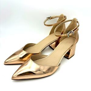 ASOS Rose Gold Block Pumps Pointed Toe Cocktail Party Glam Ankle Strap Heels 8